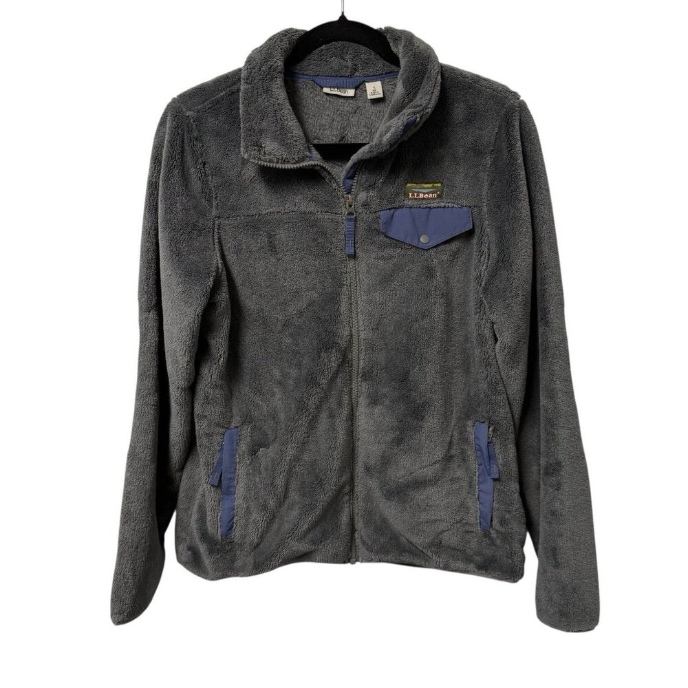 LL BEAN HI-PILE FLEECE JACKET GRAY BLUE ELBOW PATCHES WOMENS S FULL ZIP 505250